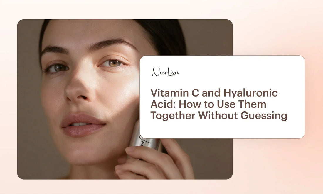 Close-up skincare image asking can you use vitamin c and hyaluronic acid together, with a serum bottle.