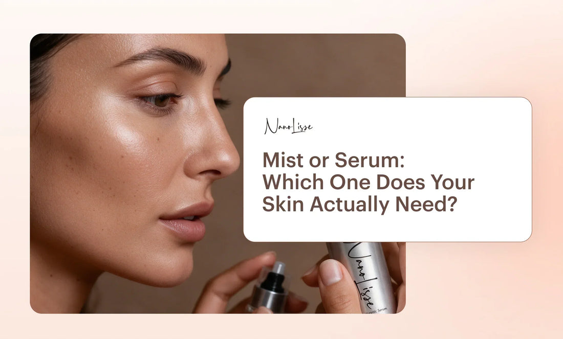 Close-up of a woman comparing skincare products for collagen mist vs hyaluronic serum in a skincare routine.