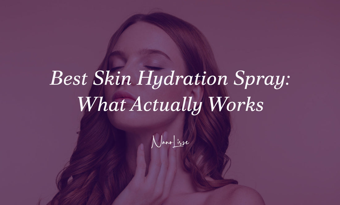 skin hydration spray concept with woman applying face mist, glowing skin, soft lighting and beauty skincare routine focus