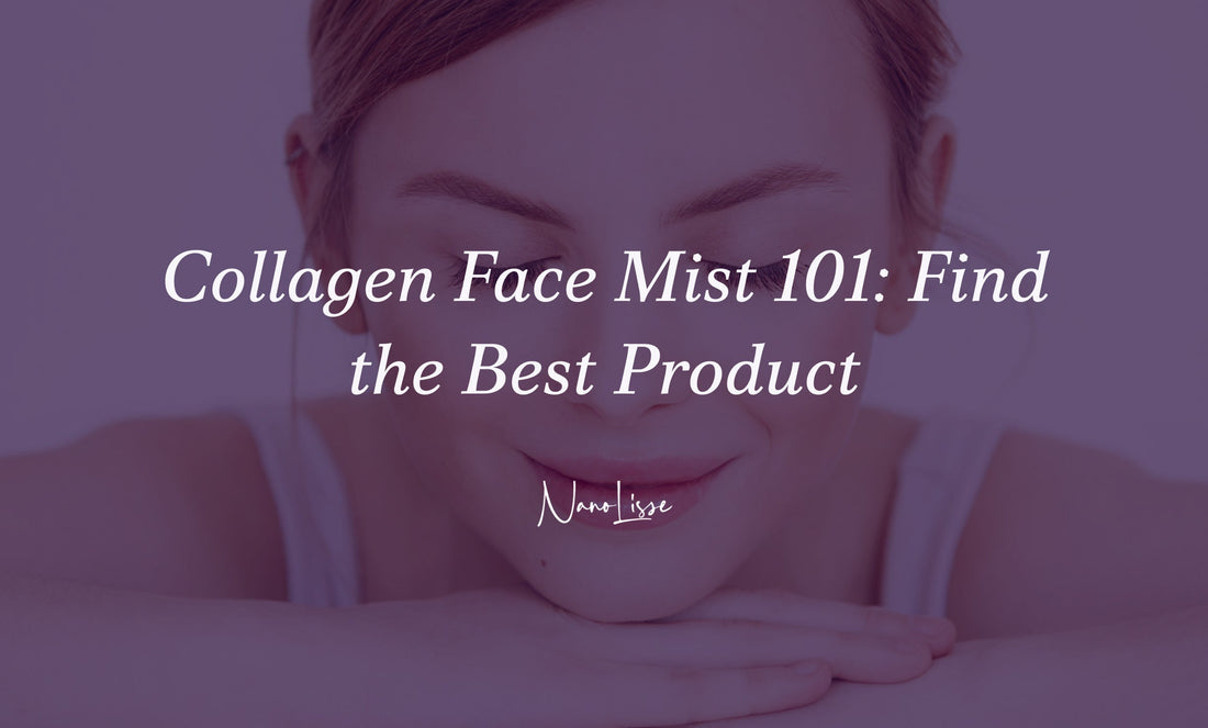 Woman with glowing skin promoting collagen face mist benefits, skincare routine and hydration for youthful appearance and daily use