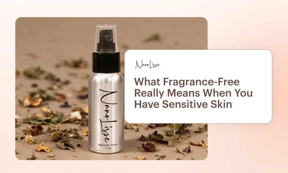 Fragrance-free skincare for sensitive skin with a hyaluronic serum bottle surrounded by dried flowers.