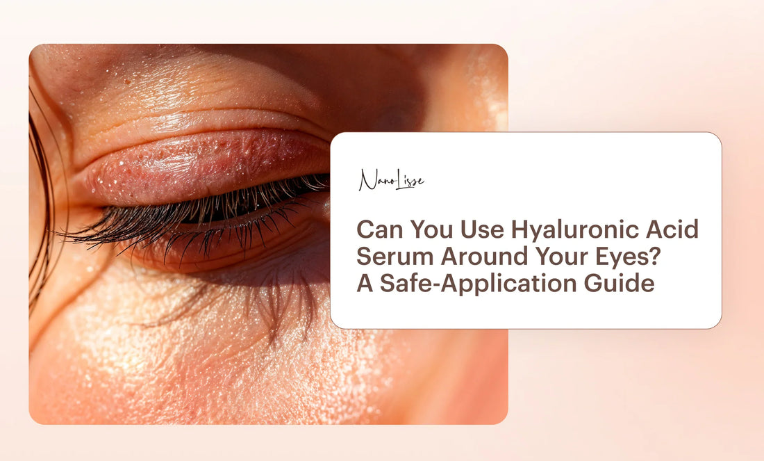 Close-up of the eye area illustrating how to safely apply hyaluronic acid under eyes for gentle skincare and hydration.