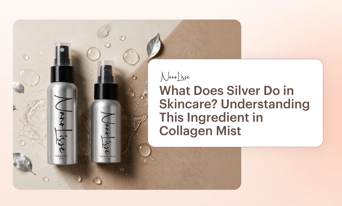 Silver in skincare featured with collagen mist and hyaluronic serum bottles in a water-droplet skincare setup.