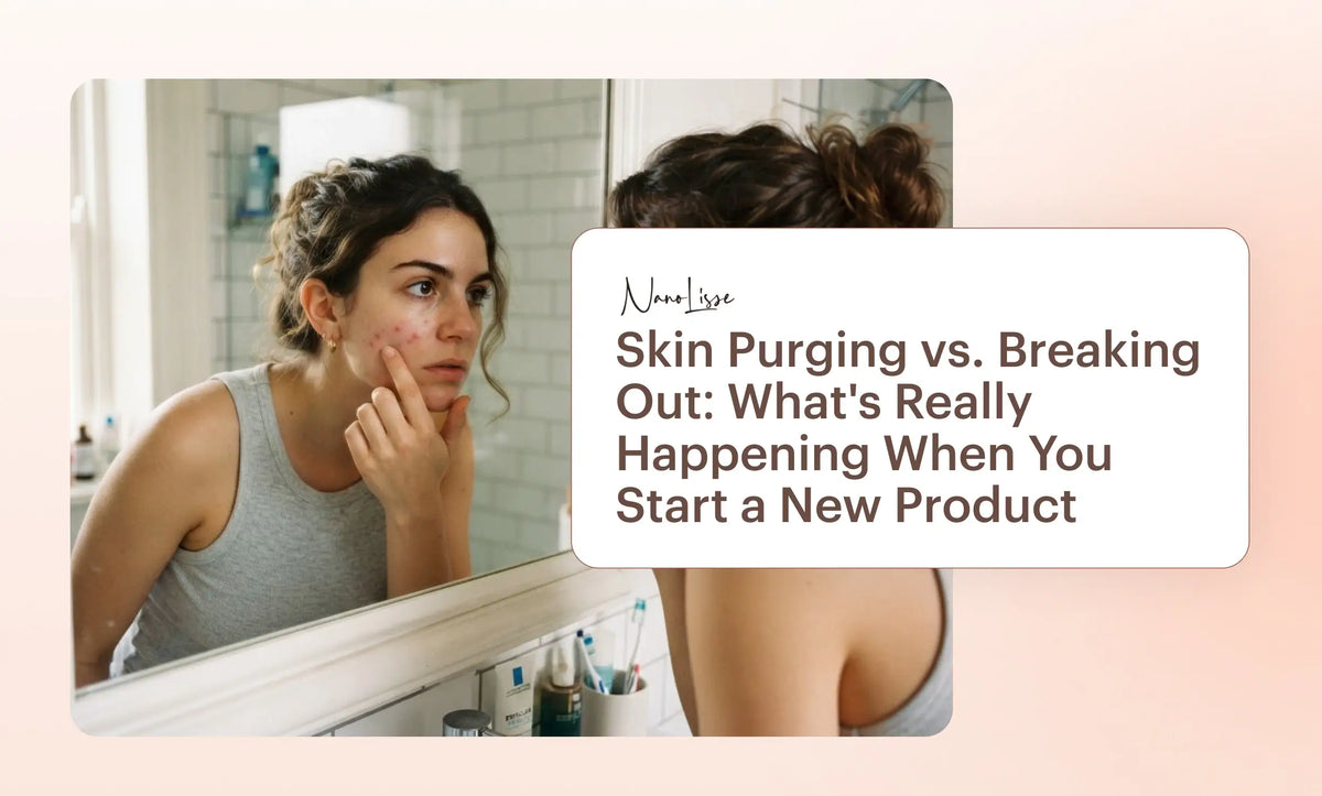 Woman examines facial blemishes in a mirror, showing skin purging vs breaking out after starting a new product.
