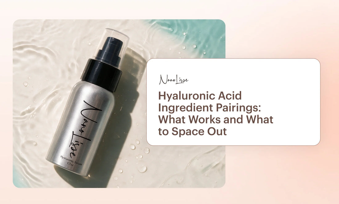 NanoLisse hyaluronic acid serum bottle on a water-textured surface, illustrating what not to mix with hyaluronic acid in skincare routines.