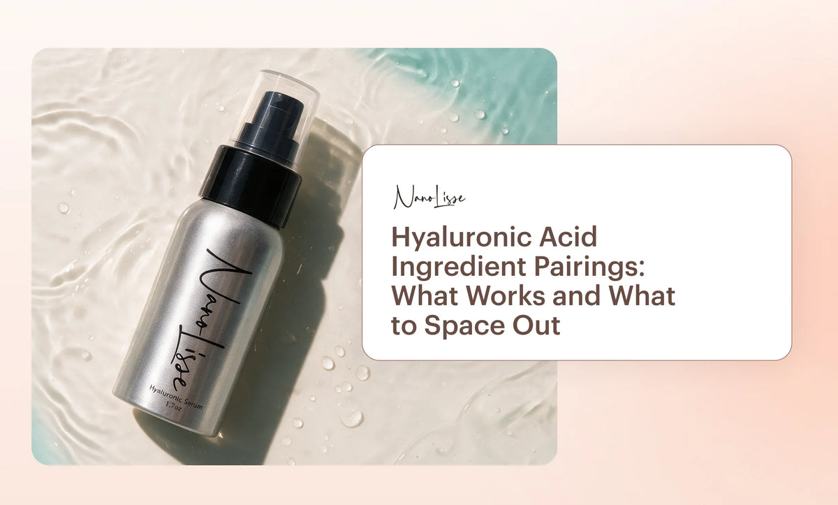 NanoLisse hyaluronic acid serum bottle on a water-textured surface, illustrating what not to mix with hyaluronic acid in skincare routines.