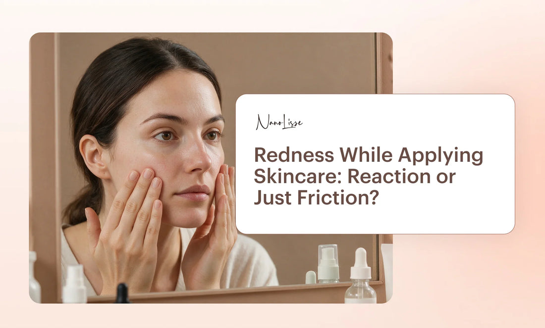 Woman applying skincare and noticing redness, illustrating why does my face get red when i apply skincare.