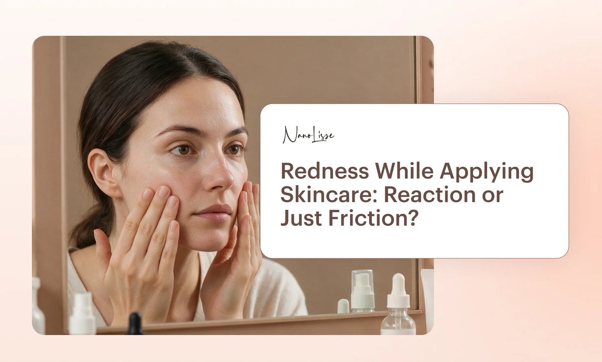 Woman applying skincare and noticing redness, illustrating why does my face get red when i apply skincare.