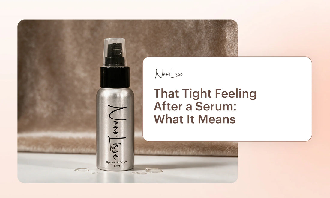 NanoLisse hyaluronic serum bottle with text explaining why does my skin feel tight after serum and possible causes.