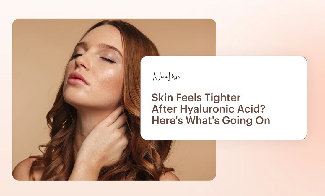 Hyaluronic acid making skin dry: NanoLisse skincare banner featuring a woman touching her neck with tight, dry skin.